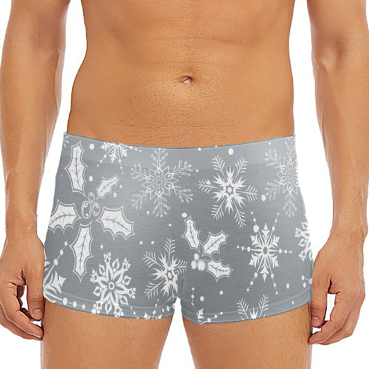 Silver And White Snowflake Pattern Print Men's Short Boxer Briefs