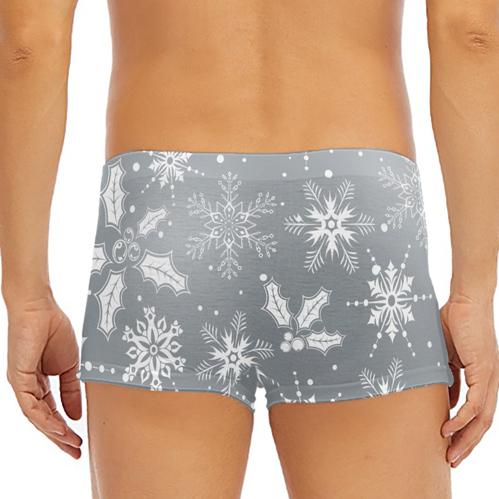 Silver And White Snowflake Pattern Print Men's Short Boxer Briefs