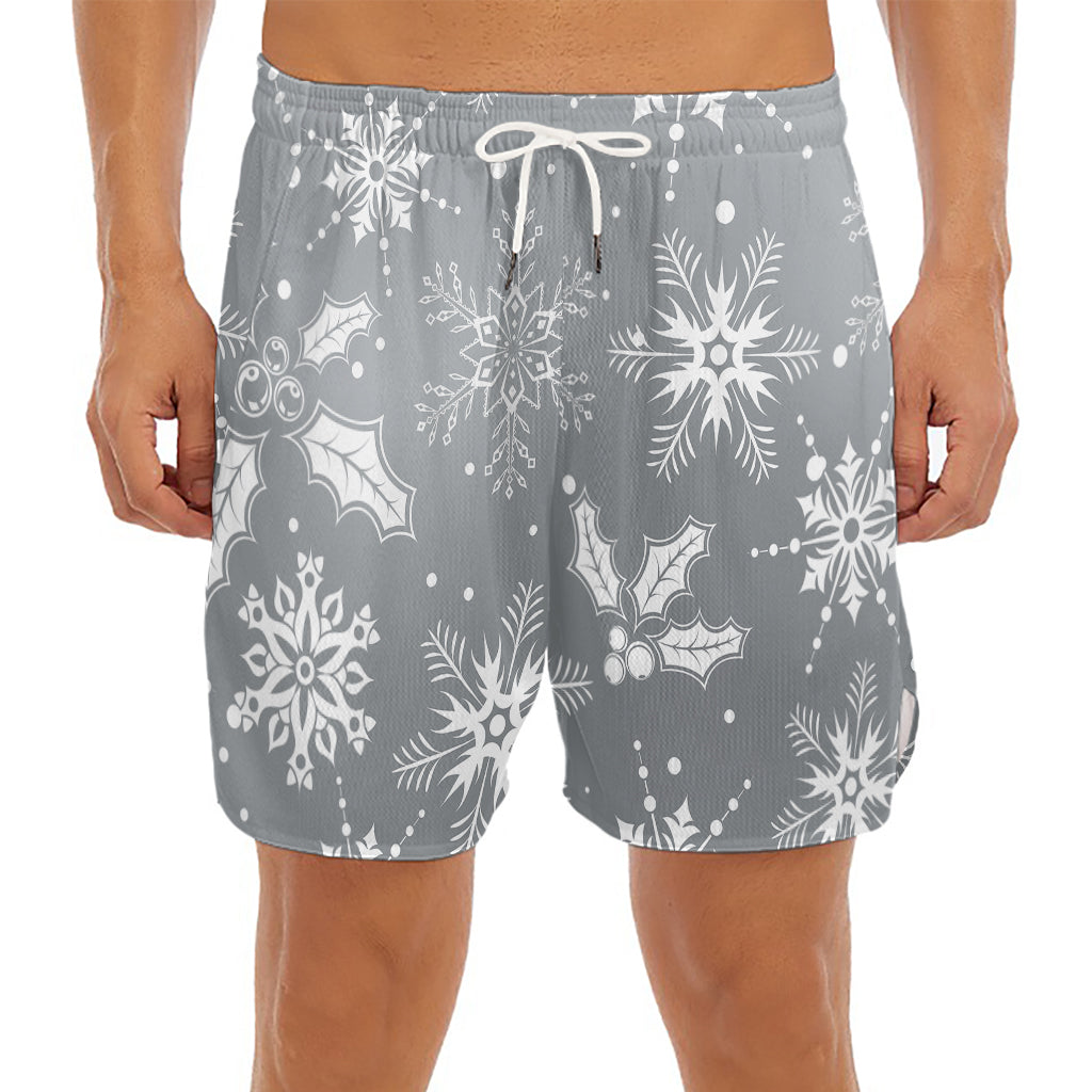 Silver And White Snowflake Pattern Print Men's Split Running Shorts