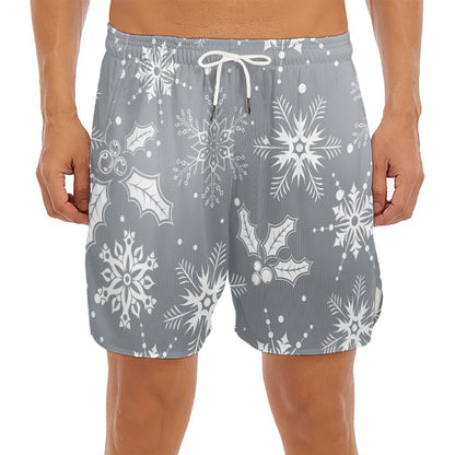Silver And White Snowflake Pattern Print Men's Split Running Shorts