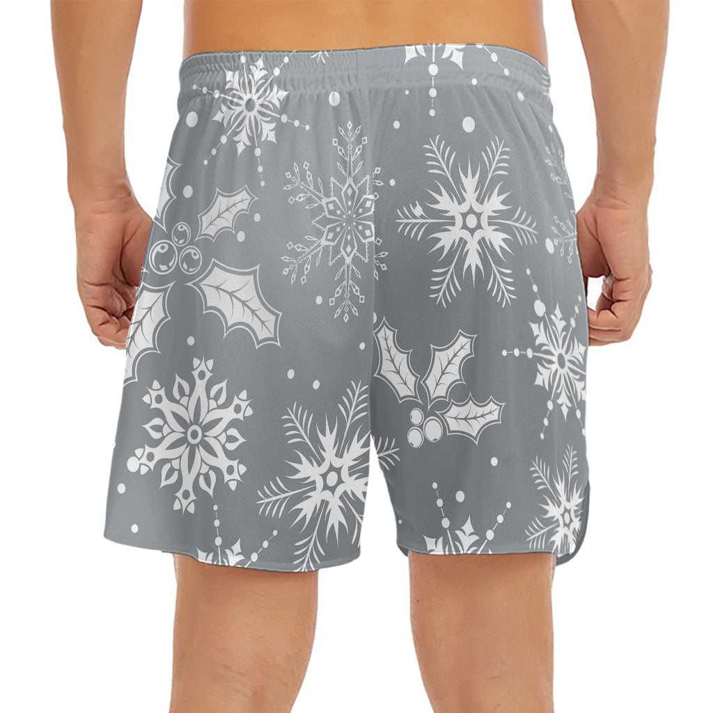 Silver And White Snowflake Pattern Print Men's Split Running Shorts