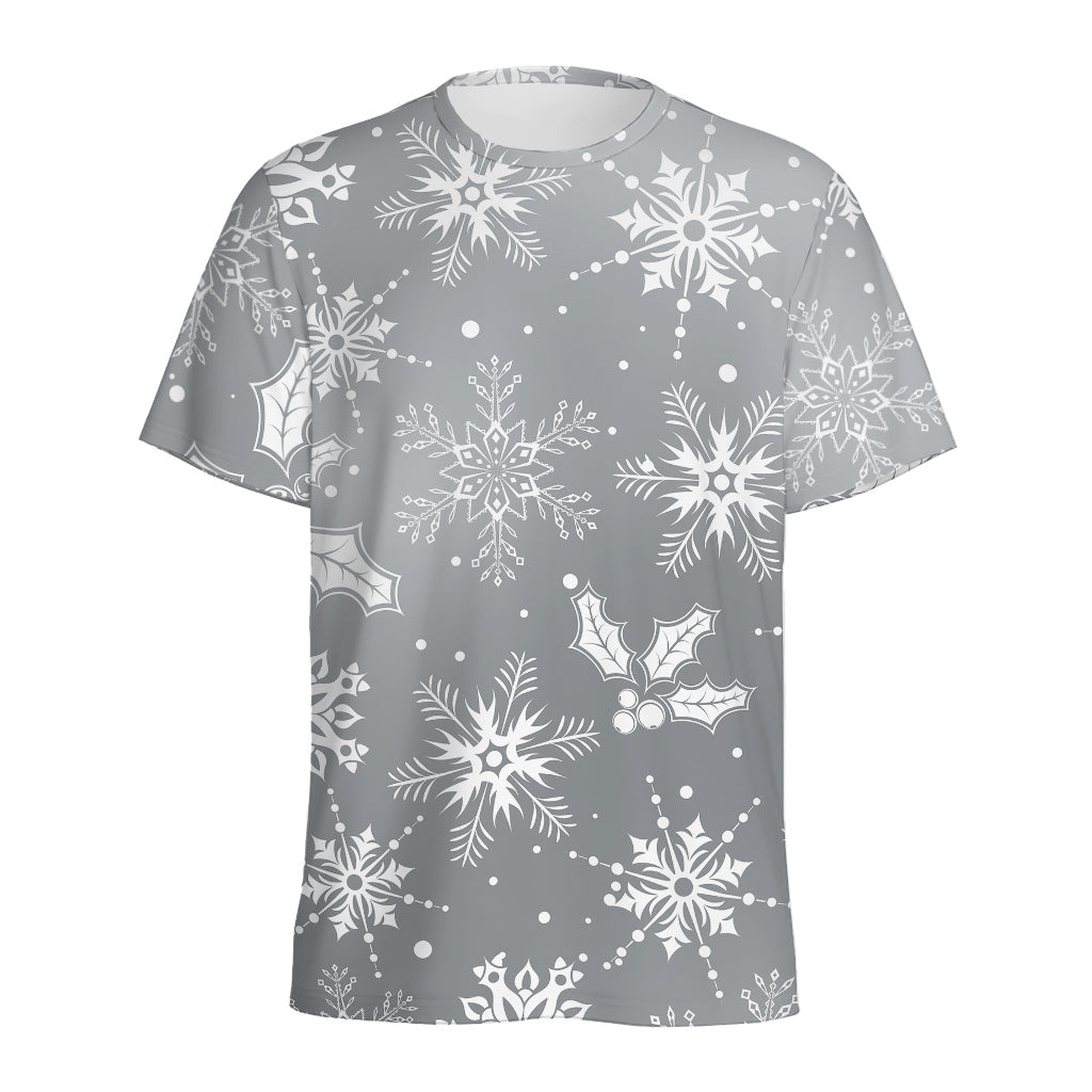 Silver And White Snowflake Pattern Print Men's Sports T-Shirt