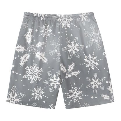 Silver And White Snowflake Pattern Print Men's Swim Trunks