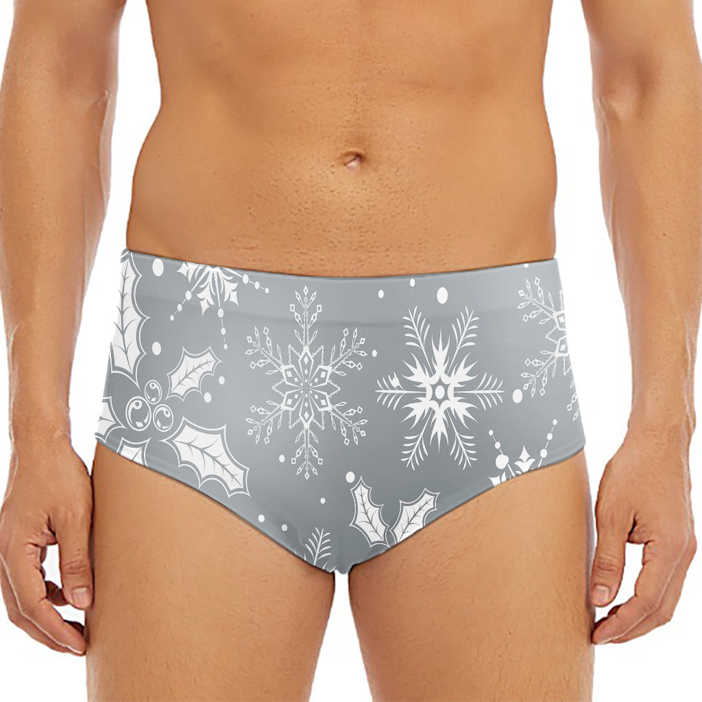 Silver And White Snowflake Pattern Print Men's Triangle Swim Briefs