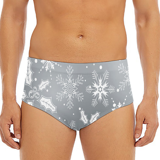 Silver And White Snowflake Pattern Print Men's Triangle Swim Briefs