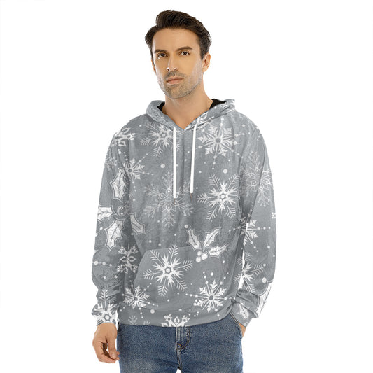 Silver And White Snowflake Pattern Print Men's Velvet Pullover Hoodie