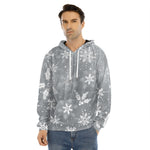 Silver And White Snowflake Pattern Print Men's Velvet Pullover Hoodie