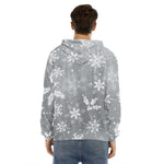 Silver And White Snowflake Pattern Print Men's Velvet Pullover Hoodie