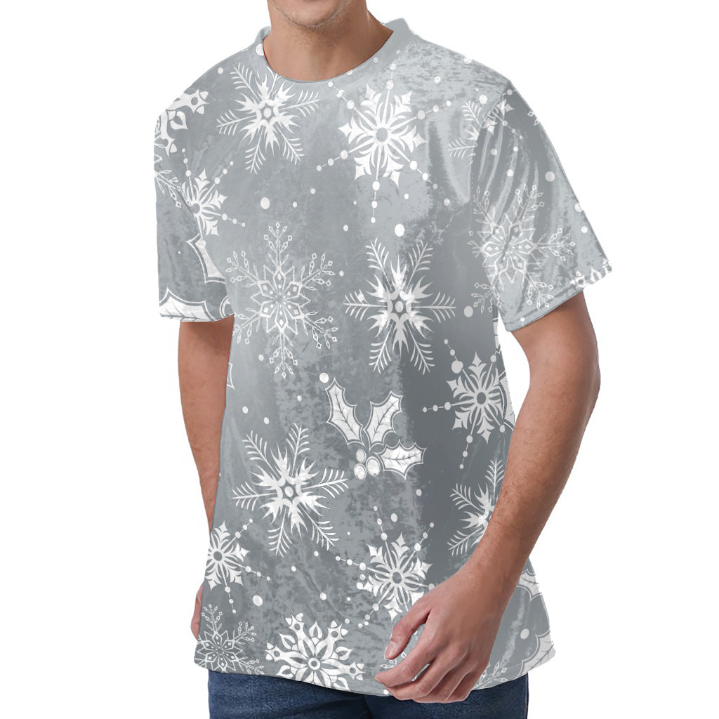 Silver And White Snowflake Pattern Print Men's Velvet T-Shirt