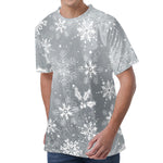 Silver And White Snowflake Pattern Print Men's Velvet T-Shirt