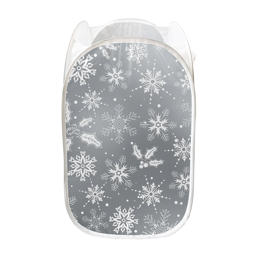 Silver And White Snowflake Pattern Print Mesh Laundry Hamper