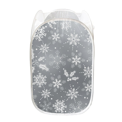 Silver And White Snowflake Pattern Print Mesh Laundry Hamper