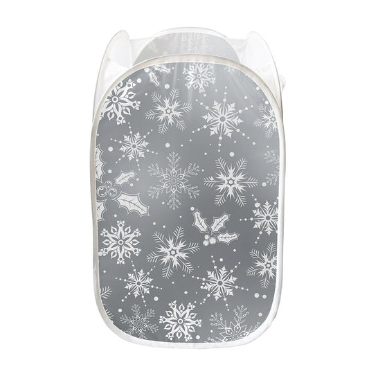 Silver And White Snowflake Pattern Print Mesh Laundry Hamper
