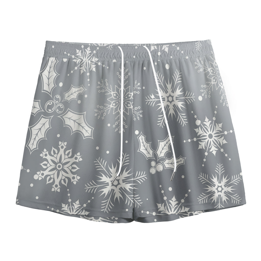 Silver And White Snowflake Pattern Print Mesh Shorts