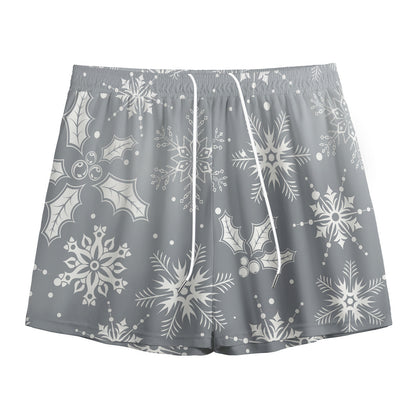 Silver And White Snowflake Pattern Print Mesh Shorts