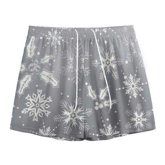 Silver And White Snowflake Pattern Print Mesh Shorts