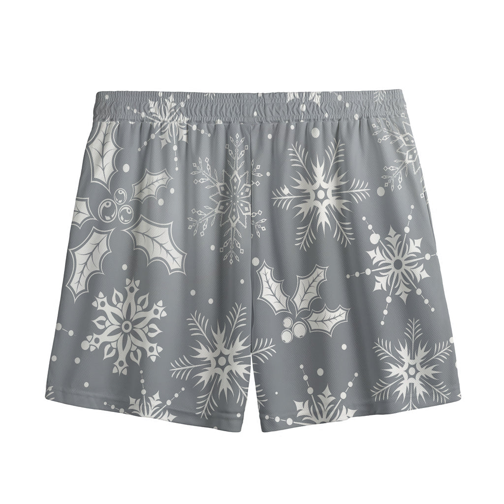 Silver And White Snowflake Pattern Print Mesh Shorts