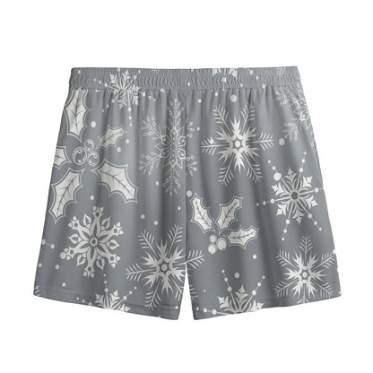 Silver And White Snowflake Pattern Print Mesh Shorts