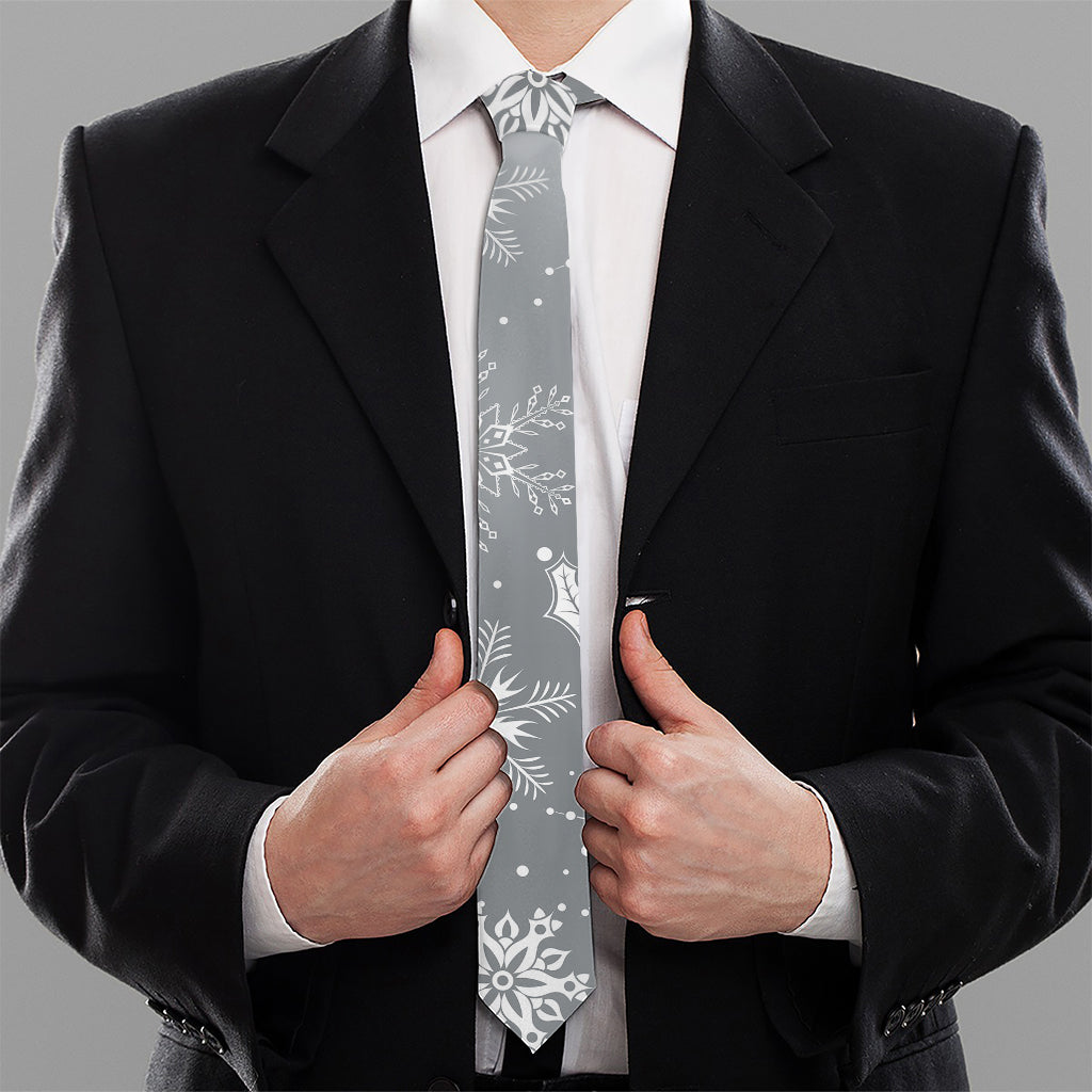 Silver And White Snowflake Pattern Print Necktie