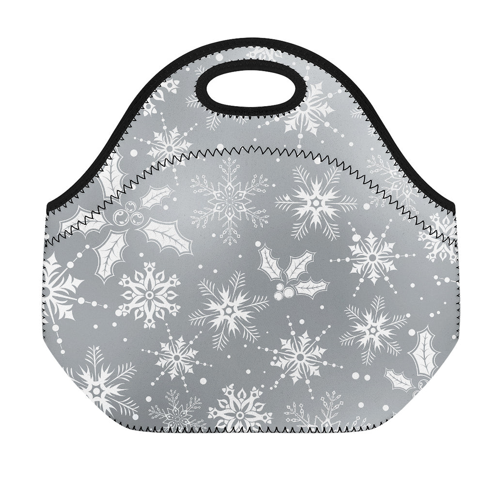 Silver And White Snowflake Pattern Print Neoprene Lunch Bag