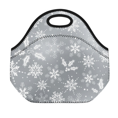 Silver And White Snowflake Pattern Print Neoprene Lunch Bag