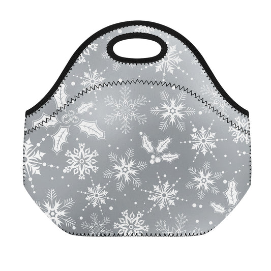 Silver And White Snowflake Pattern Print Neoprene Lunch Bag
