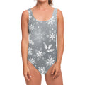 Silver And White Snowflake Pattern Print One Piece Swimsuit