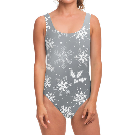 Silver And White Snowflake Pattern Print One Piece Swimsuit