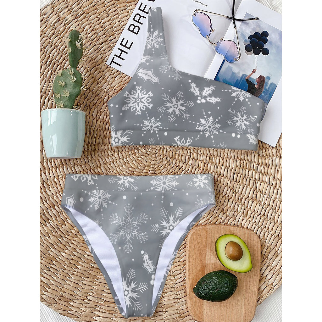 Silver And White Snowflake Pattern Print One Shoulder Bikini Top