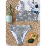 Silver And White Snowflake Pattern Print One Shoulder Bikini Top
