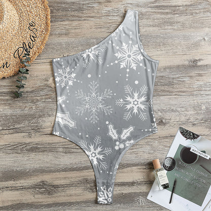 Silver And White Snowflake Pattern Print One Shoulder Bodysuit