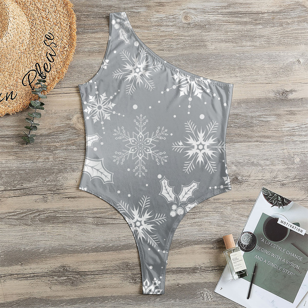 Silver And White Snowflake Pattern Print One Shoulder Bodysuit