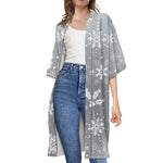 Silver And White Snowflake Pattern Print Open Front Beach Cover Up
