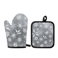 Silver And White Snowflake Pattern Print Oven Mitt And Pot Holder Set