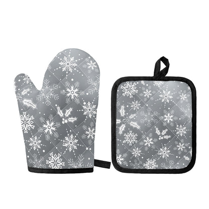 Silver And White Snowflake Pattern Print Oven Mitt And Pot Holder Set