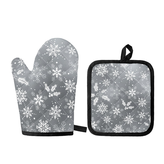 Silver And White Snowflake Pattern Print Oven Mitt And Pot Holder Set