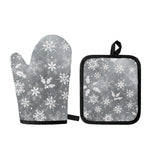 Silver And White Snowflake Pattern Print Oven Mitt And Pot Holder Set