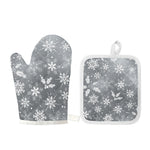 Silver And White Snowflake Pattern Print Oven Mitt And Pot Holder Set