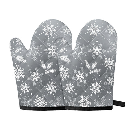 Silver And White Snowflake Pattern Print Oven Mitts