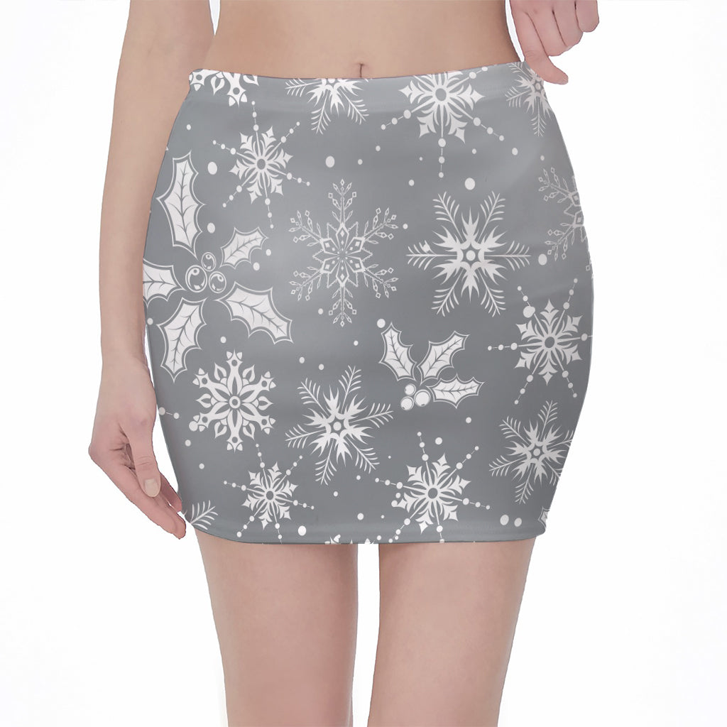 Silver And White Snowflake Pattern Print Pencil Mini Skirt
