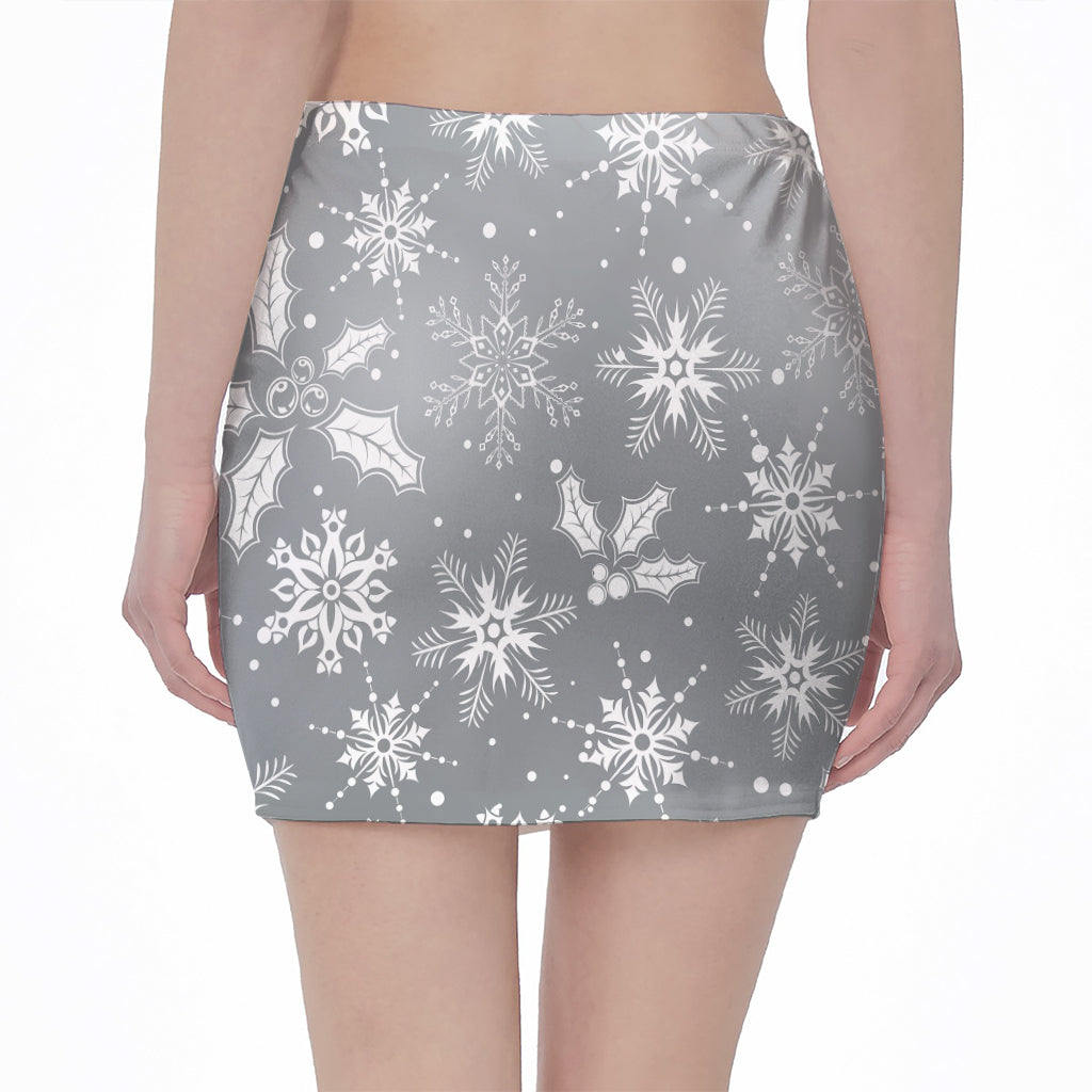 Silver And White Snowflake Pattern Print Pencil Mini Skirt
