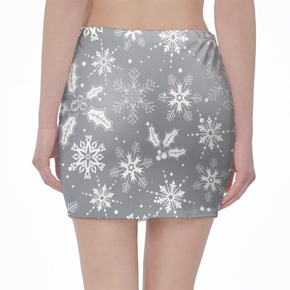 Silver And White Snowflake Pattern Print Pencil Mini Skirt