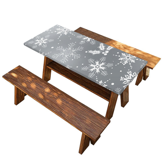 Silver And White Snowflake Pattern Print Picnic Table Cover