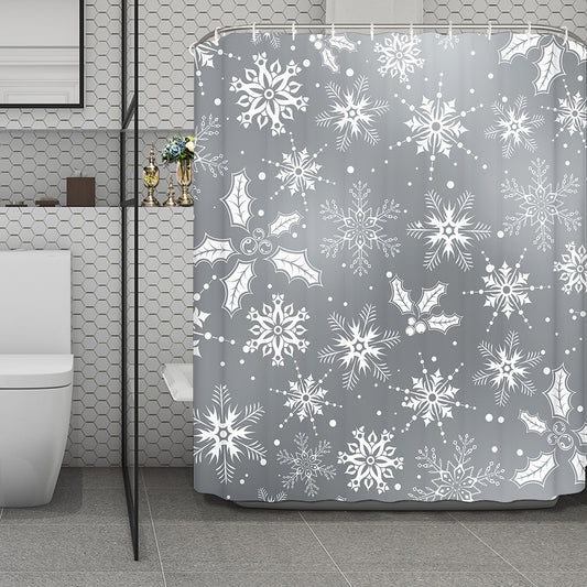 Silver And White Snowflake Pattern Print Polyester Shower Curtain
