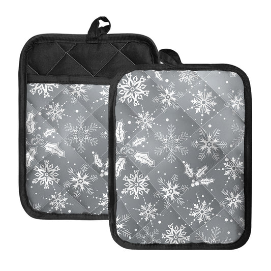 Silver And White Snowflake Pattern Print Pot Holders With Pocket