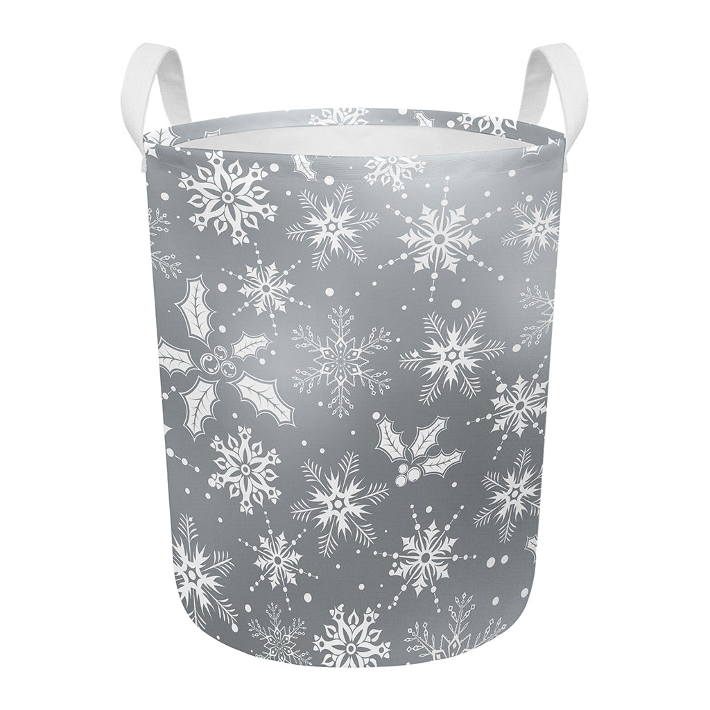 Silver And White Snowflake Pattern Print Round Laundry Basket