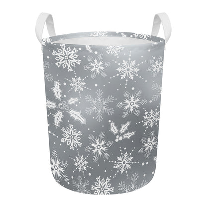 Silver And White Snowflake Pattern Print Round Laundry Basket