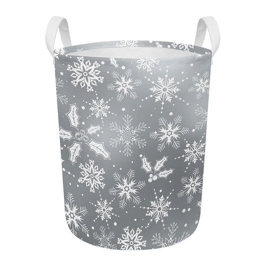 Silver And White Snowflake Pattern Print Round Laundry Basket