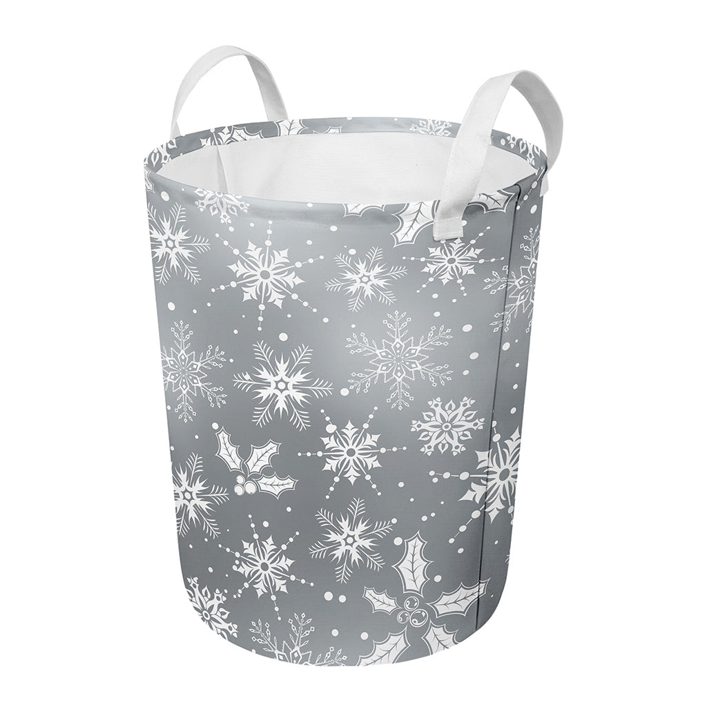 Silver And White Snowflake Pattern Print Round Laundry Basket