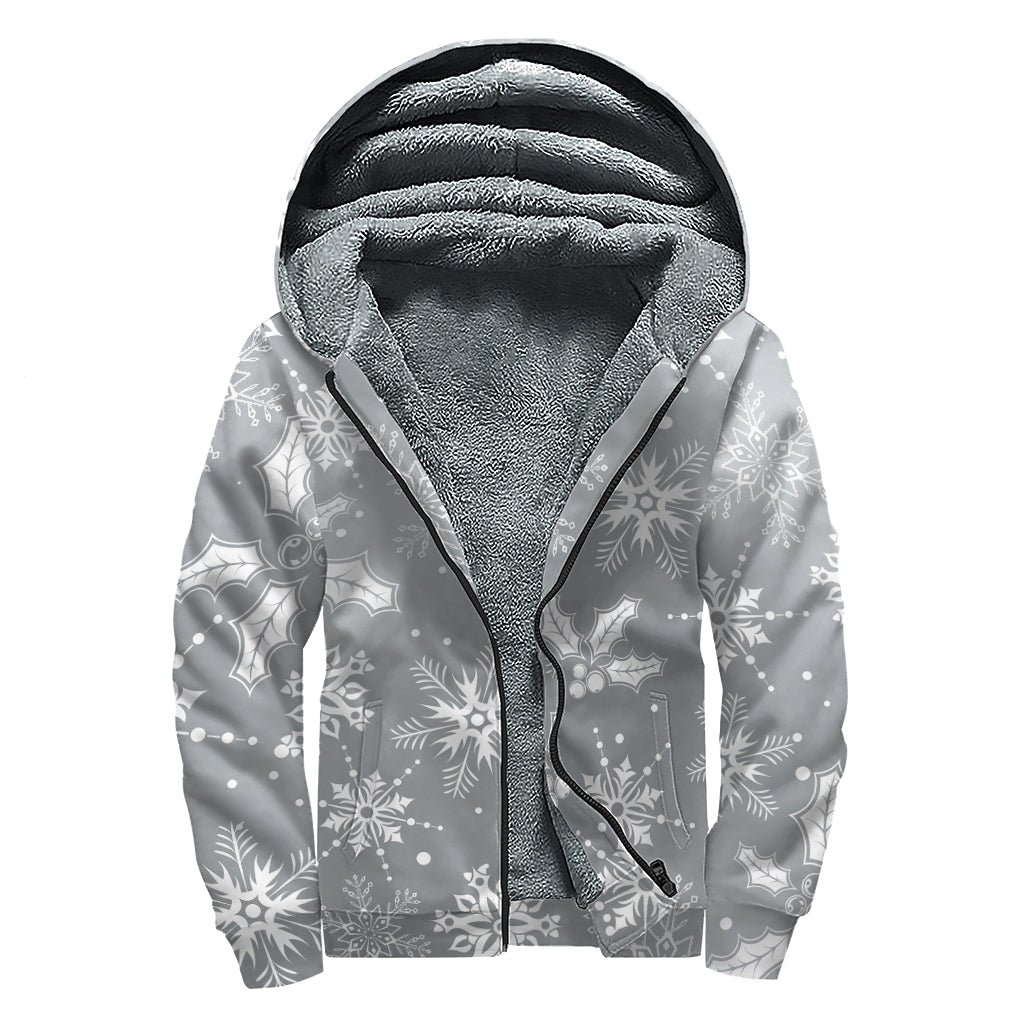 Silver And White Snowflake Pattern Print Sherpa Lined Zip Up Hoodie